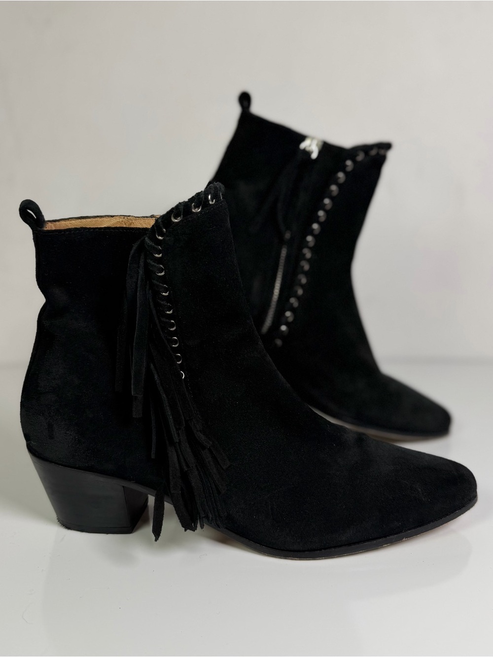 IRO Paris Women’s Black Suede Fringe Ankle Bootie Pointed Toe Western Boho EU 39